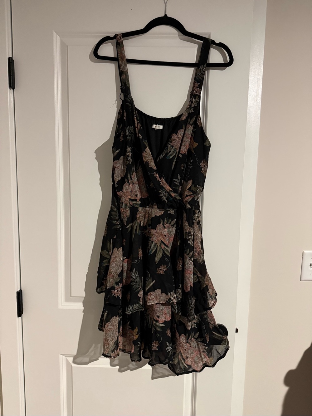 Maurices Black Floral Tiered Mini Dress with Pink & Green Print